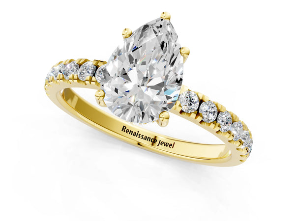 3 Carat Pear Cut Yellow gold Diamond Pave Band Solitaire Ring with Round  and Prong Setting