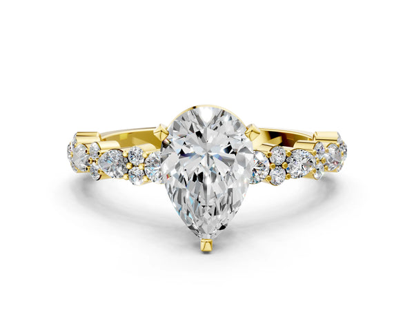 3 Carat Pear Cut Yellow gold Diamond Side Stone Solitaire Ring with Round and Four-Prong Setting