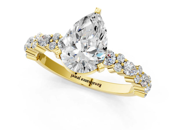 3 Carat Pear Cut Yellow gold Diamond Side Stone Solitaire Ring with Round and Four-Prong Setting