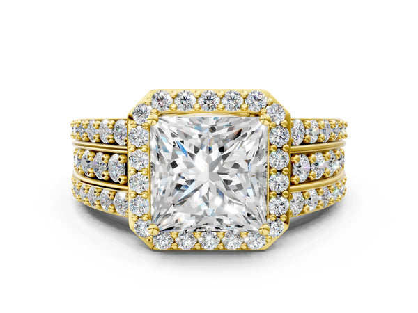 Yellow gold 3 Carat Princess Cut Halo Diamond Ring with Round  Split Shank and Prong Setting