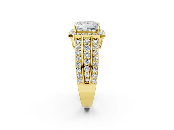 Yellow gold 3 Carat Princess Cut Halo Diamond Ring with Round  Split Shank and Prong Setting