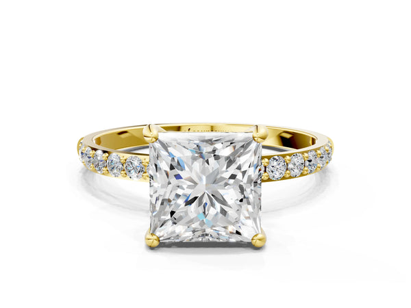 3 Carat Princess Cut Yellow gold Diamond Solitaire Ring with Round  Pavé Band and Prong Setting