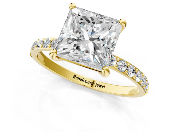 3 Carat Princess Cut Yellow gold Diamond Solitaire Ring with Round  Pavé Band and Prong Setting