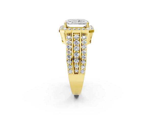Yellow gold 3 Carat Radiant Cut Halo Diamond Ring with Round  Split Shank and Prong Setting