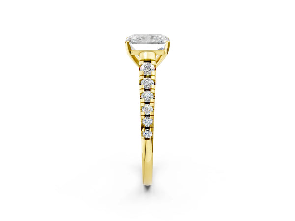 Yellow gold 3 Carat Radiant Cut Diamond Cathedral Solitaire Ring with Round  Pavé Band