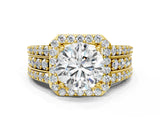 Yellow gold 3 Carat Round Cut Halo  Ring with Split Shank and Four-Prong Setting