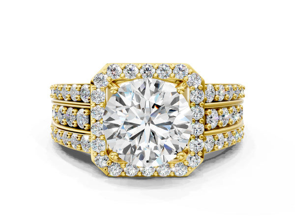 Yellow gold 3 Carat Round Cut Halo Diamond Ring with Round  Split Shank and Prong Setting