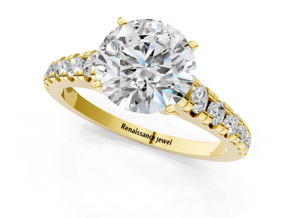 Yellow gold 3 Carat Round Cut Diamond Cathedral Solitaire Ring with Round  Pavé Band