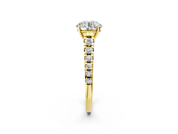 Yellow gold 3 Carat Round Cut Diamond Cathedral Solitaire Ring with Round  Pavé Band