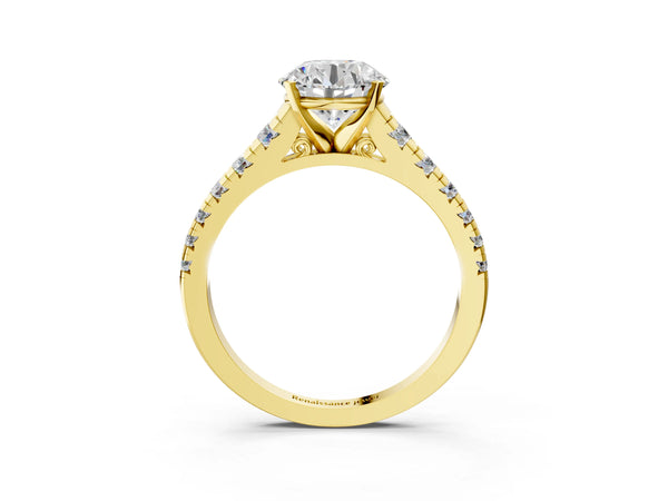Yellow gold 3 Carat Round Cut Diamond Cathedral Solitaire Ring with Round  Pavé Band
