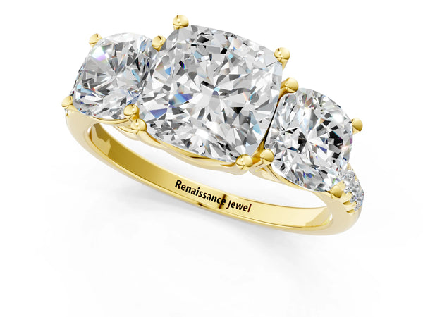 Yellow gold 3 Carat Three-Stone Cushion Cut Diamond Ring with Round  Pavé Band and Prong Setting