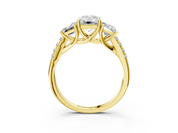 Yellow gold 3 Carat Three-Stone Emerald Cut Diamond Ring with Round  Pavé Band and Prong Setting