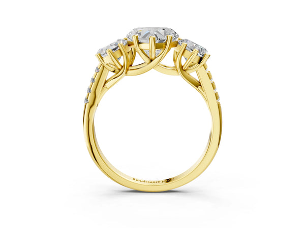 Yellow gold 3 Carat Three-Stone Heart Cut Diamond Ring with Round  Pavé Band and Prong Setting
