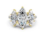 Yellow gold 3 Carat Three-Stone Marquise Cut  Ring with Pavé Band and Prong Setting