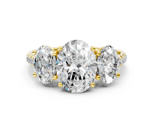 Yellow gold 3 Carat Three-Stone Oval Cut Diamond Ring with Round  Pavé Band and Prong Setting