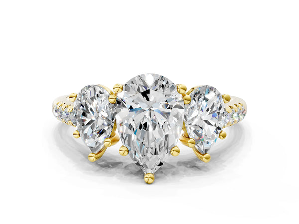 Yellow gold 3 Carat Three-Stone Pear Cut Diamond Ring with Round  Pavé Band and Prong Setting