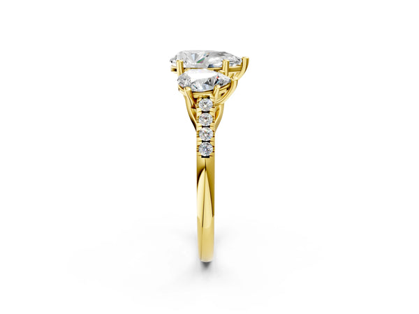 Yellow gold 3 Carat Three-Stone Pear Cut Diamond Ring with Round  Pavé Band and Prong Setting