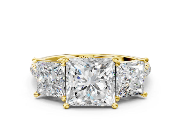 Yellow gold 3 Carat Three-Stone Princess Cut Diamond Ring with Round  Pavé Band and Prong Setting