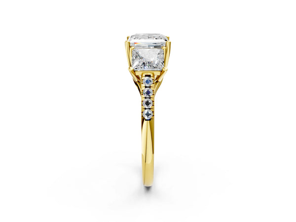 Yellow gold 3 Carat Three-Stone Princess Cut Diamond Ring with Round  Pavé Band and Prong Setting