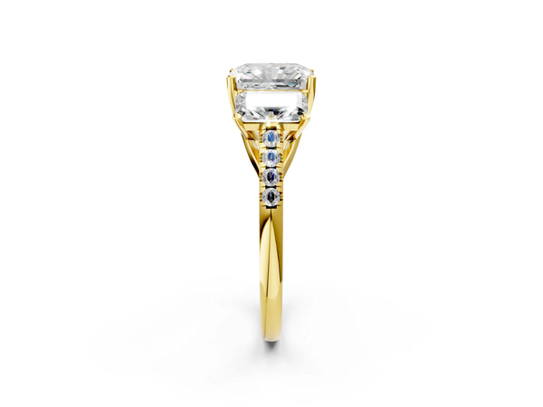 Yellow gold 3 Carat Three-Stone Radiant Cut Diamond Ring with Round  Pavé Band and Prong Setting