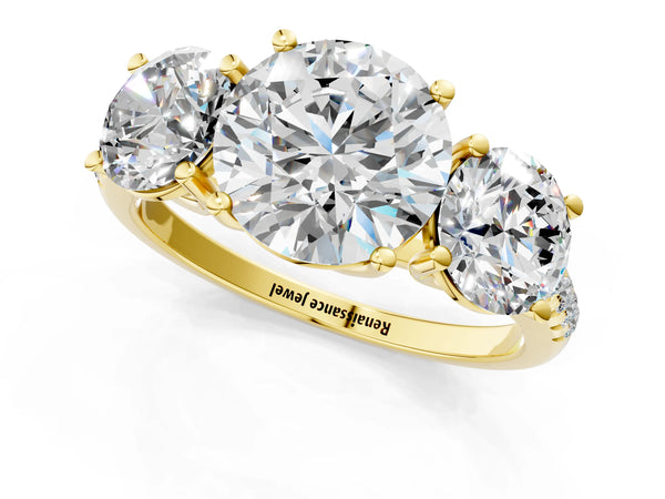 Yellow gold 3 Carat Three-Stone Round Cut Diamond Ring with Round  Pavé Band and Prong Setting