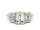 Yellow gold 3.5 Carat Three-Stone Emerald Cut  Ring with Pavé Band and Prong Setting