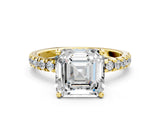 Yellow gold 4 Carat Asscher Cut  Pave Band Solitaire Ring with Four-Prong Setting