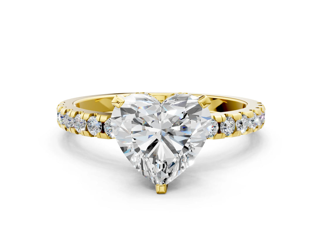 Yellow gold 4 Carat Heart Cut  Solitaire Ring with Pavé Band and Four-Prong Setting
