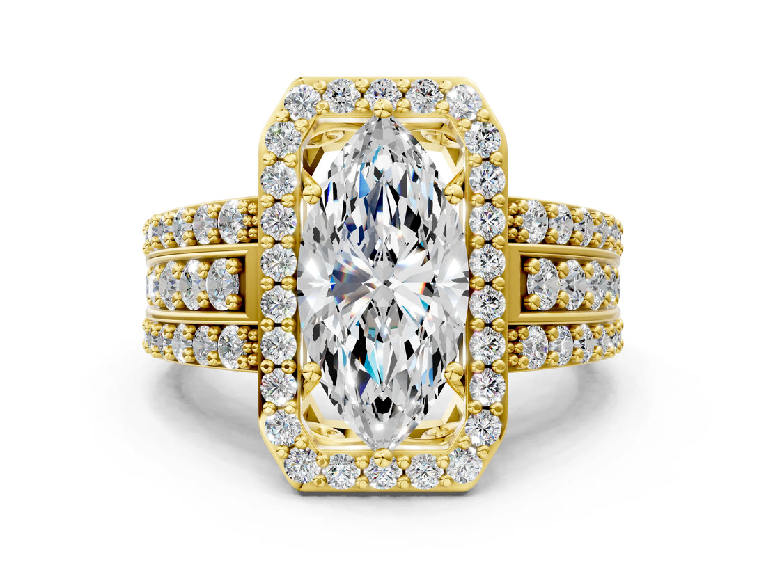 Yellow gold 4 Carat Marquise Cut Halo  Ring with Split Shank and Four-Prong Setting