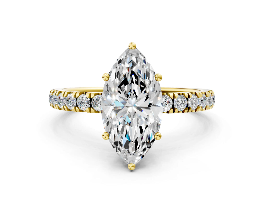 Yellow gold 4 Carat Marquise Cut  Pave Band Solitaire Ring with Four-Prong Setting