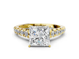 Yellow gold 4 Carat Princess Cut  Solitaire Ring with Cathedral Setting and Pavé Band