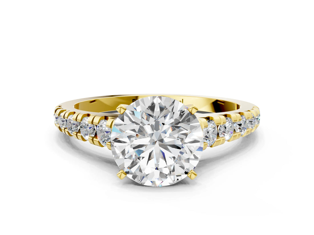 Yellow gold 4 Carat Round Cut  Solitaire Ring with Cathedral Setting and Pavé Band