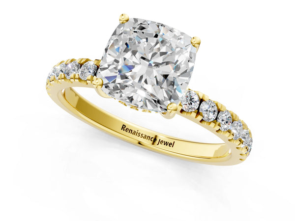5 Carat Cushion Cut Yellow gold Diamond Pave Band Solitaire Ring with Round  and Prong Setting