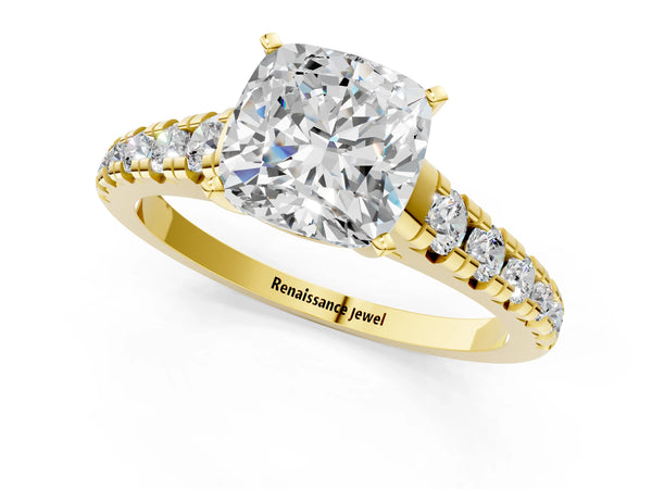 5 Carat Cushion Cut Yellow gold Diamond Cathedral Solitaire Ring with Round  Pavé Band