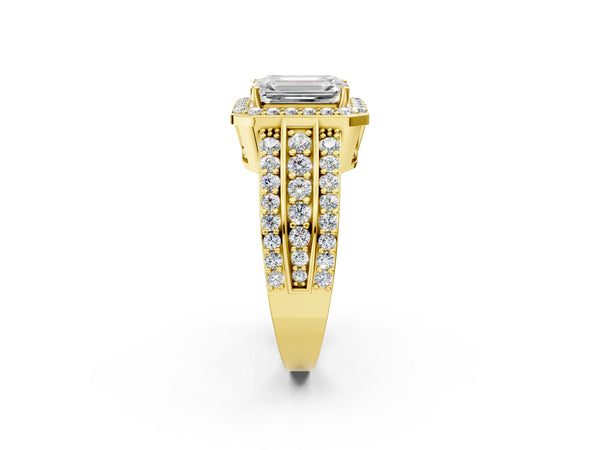 5 Carat Emerald Cut Yellow gold Halo Diamond Ring with Round  Split Shank and Prong Setting