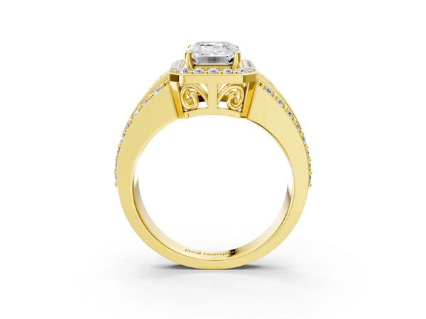 5 Carat Emerald Cut Yellow gold Halo Diamond Ring with Round  Split Shank and Prong Setting
