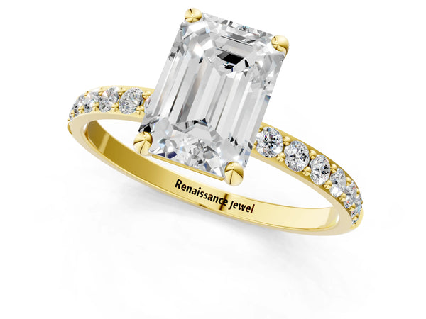 5 Carat Emerald Cut Yellow gold Diamond Solitaire Ring with Round  Pavé Band and Prong Setting