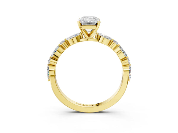 5 Carat Emerald Cut Yellow gold Diamond Ring with Marquise and Round Side Stones and Four-Prong Setting