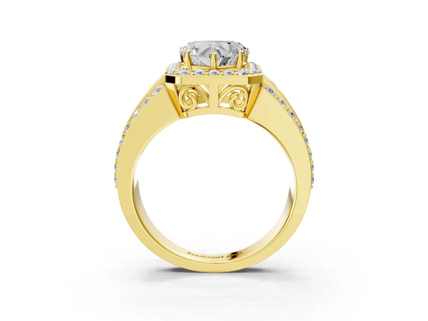 5 Carat Heart Cut Yellow gold Halo Diamond Ring with Round  Split Shank and Prong Setting