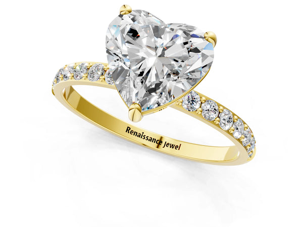 5 Carat Heart Cut Yellow gold Diamond Solitaire Ring with Round  Pavé Band and Prong Setting