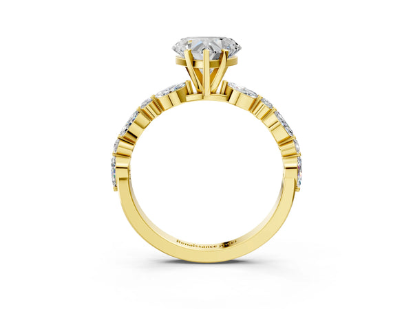 5 Carat Heart Cut Yellow gold Diamond Ring with Marquise and Round Side Stones and Four-Prong Setting