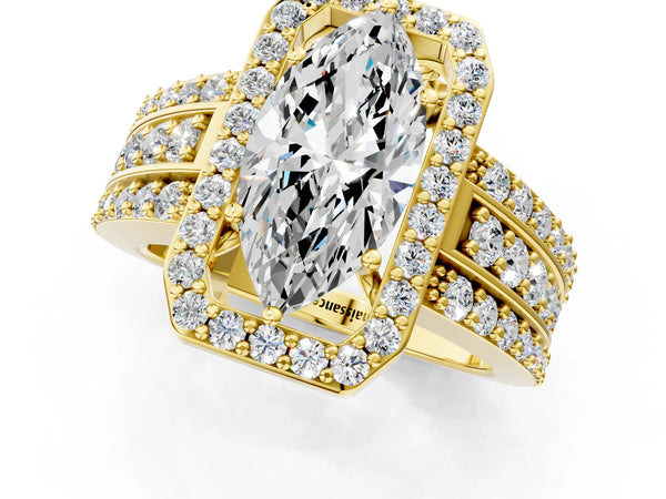 5 Carat Marquise Cut Yellow gold Halo Diamond Ring with Round  Split Shank and Prong Setting