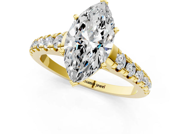 Yellow gold 5 Carat Marquise Cut Diamond Cathedral Solitaire Ring with Round  Pavé Band