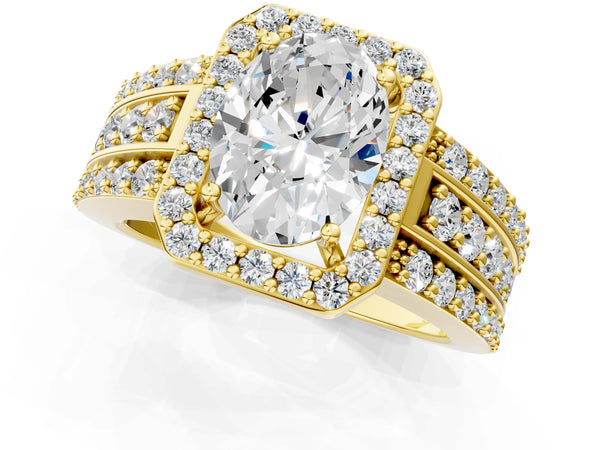 5 Carat Oval Cut Yellow gold Halo Diamond Ring with Round  Split Shank and Prong Setting