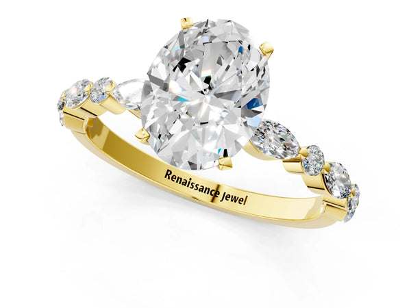 5 Carat Oval Cut Yellow gold Diamond Ring with Marquise and Round Side Stones and Four-Prong Setting