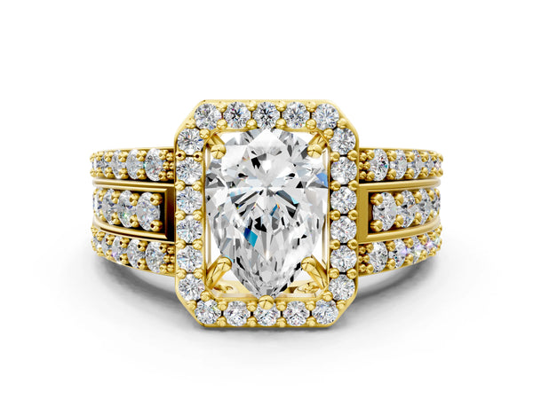 5 Carat Pear Cut Yellow gold Halo Diamond Ring with Round  Split Shank and Prong Setting