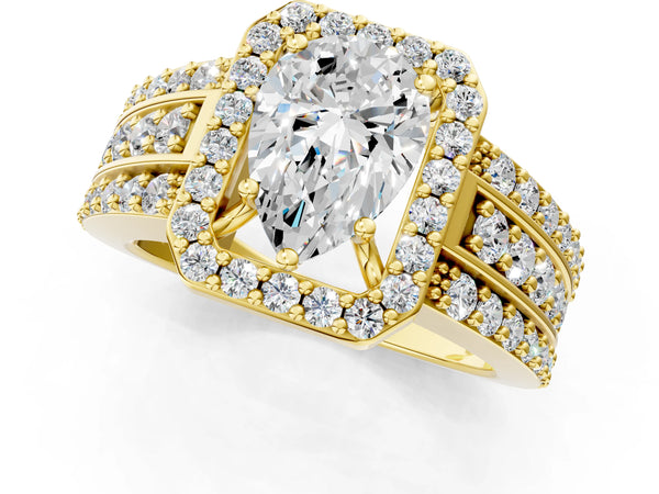 5 Carat Pear Cut Yellow gold Halo Diamond Ring with Round  Split Shank and Prong Setting