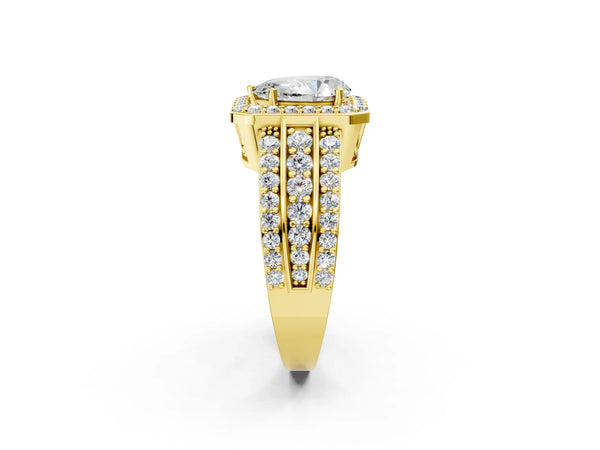 5 Carat Pear Cut Yellow gold Halo Diamond Ring with Round  Split Shank and Prong Setting