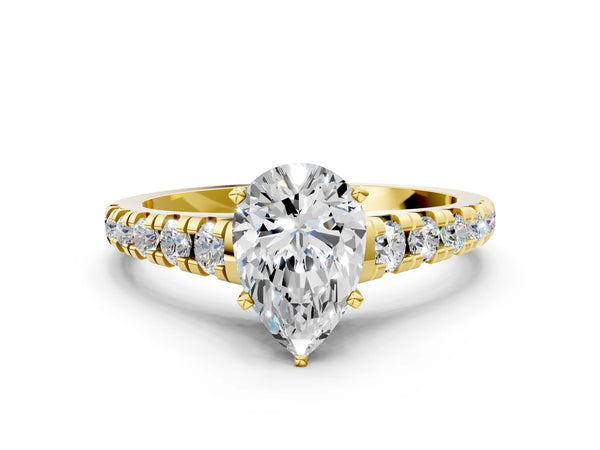 Yellow gold 5 Carat Pear Cut Diamond Cathedral Solitaire Ring with Round  Pavé Band