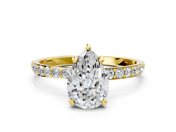 5 Carat Pear Cut Yellow gold Diamond Solitaire Ring with Round  Pavé Band and Prong Setting